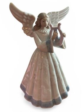 Lladro white and blue Angel Figurine with Harp